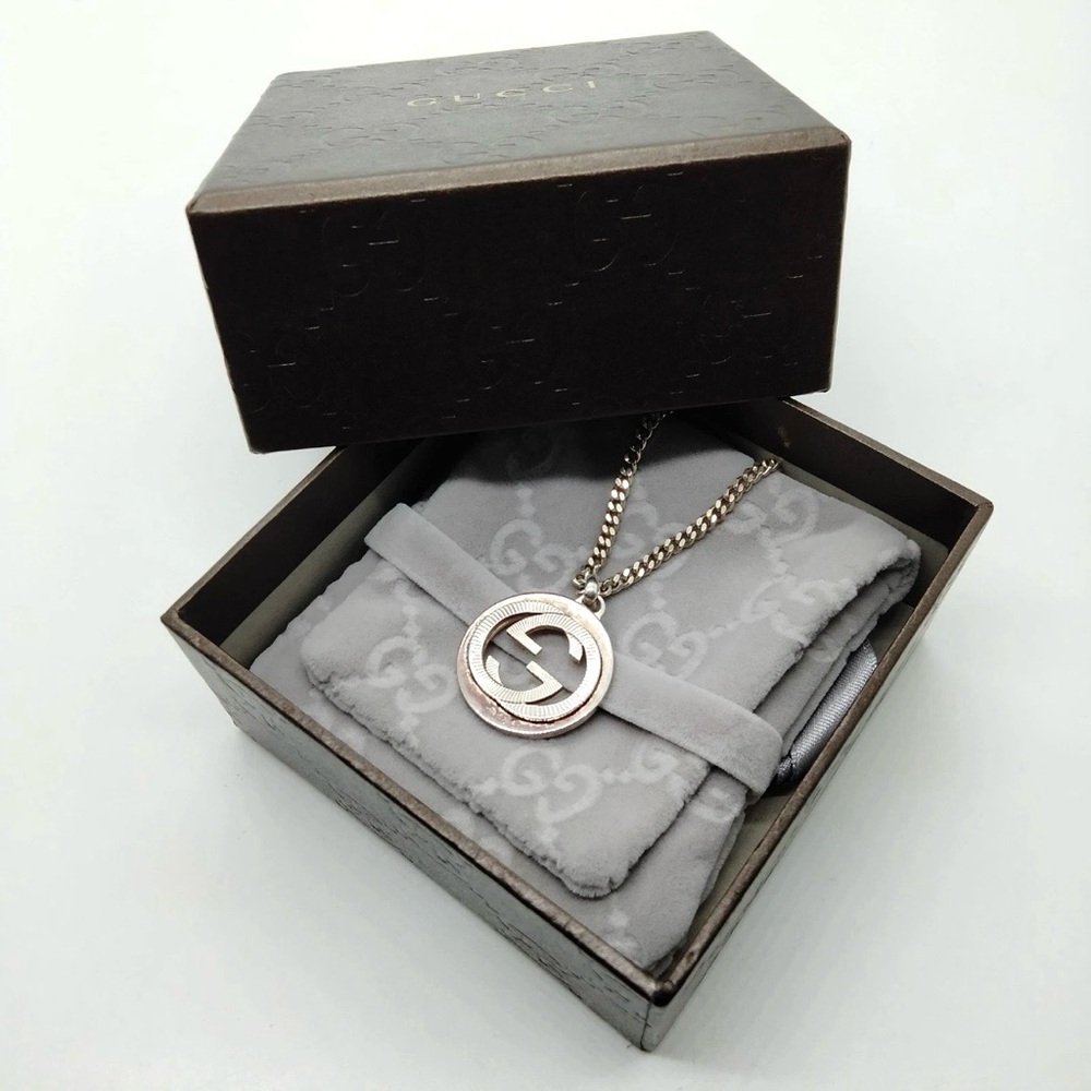 Authentic Gucci Classic Interlocking G Logo Monogram Sterling Silver Necklace